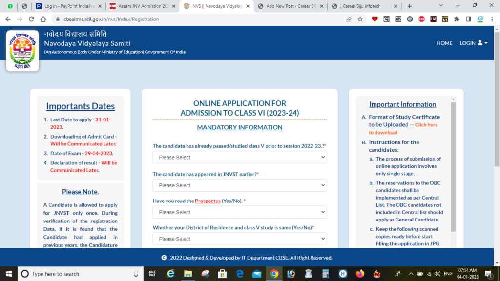 JNV Assam Admission class VI online apply 2023